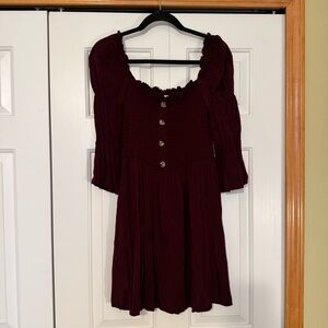 Pink Lily Wine Colored Smocked Long Sleeve Mini Dress